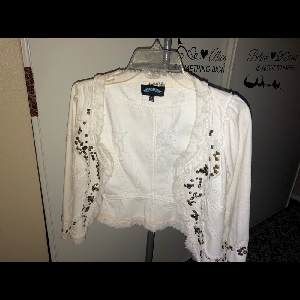 White denim jacket w/ embroidered gemstones